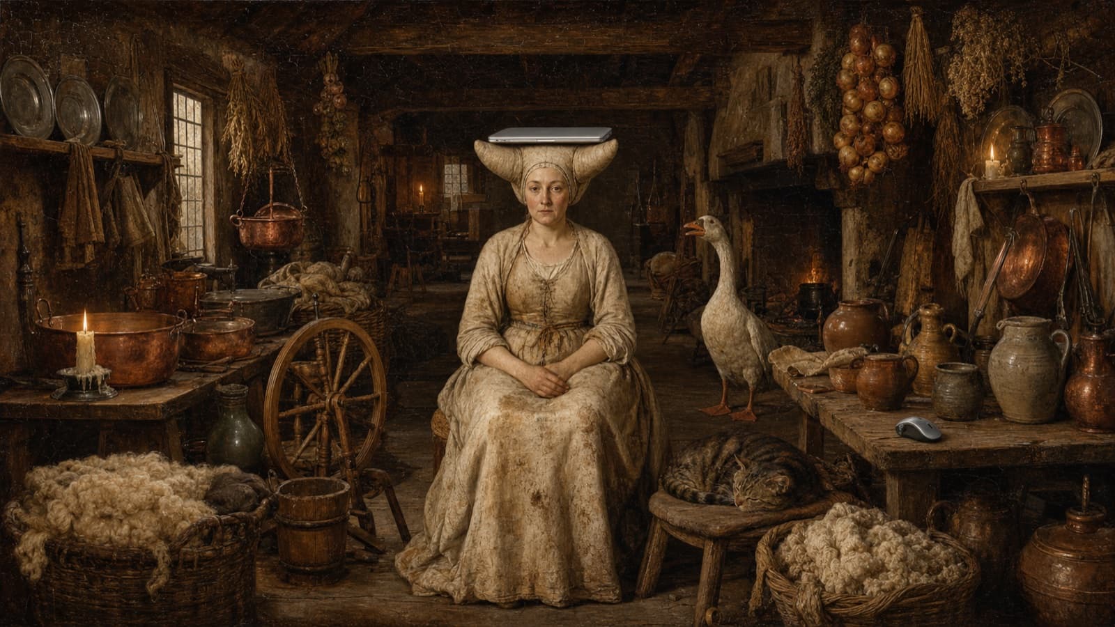 A Northern Renaissance style oil painting of a medieval lady in a cluttered cabin, balancing a modern laptop on her horned headdress